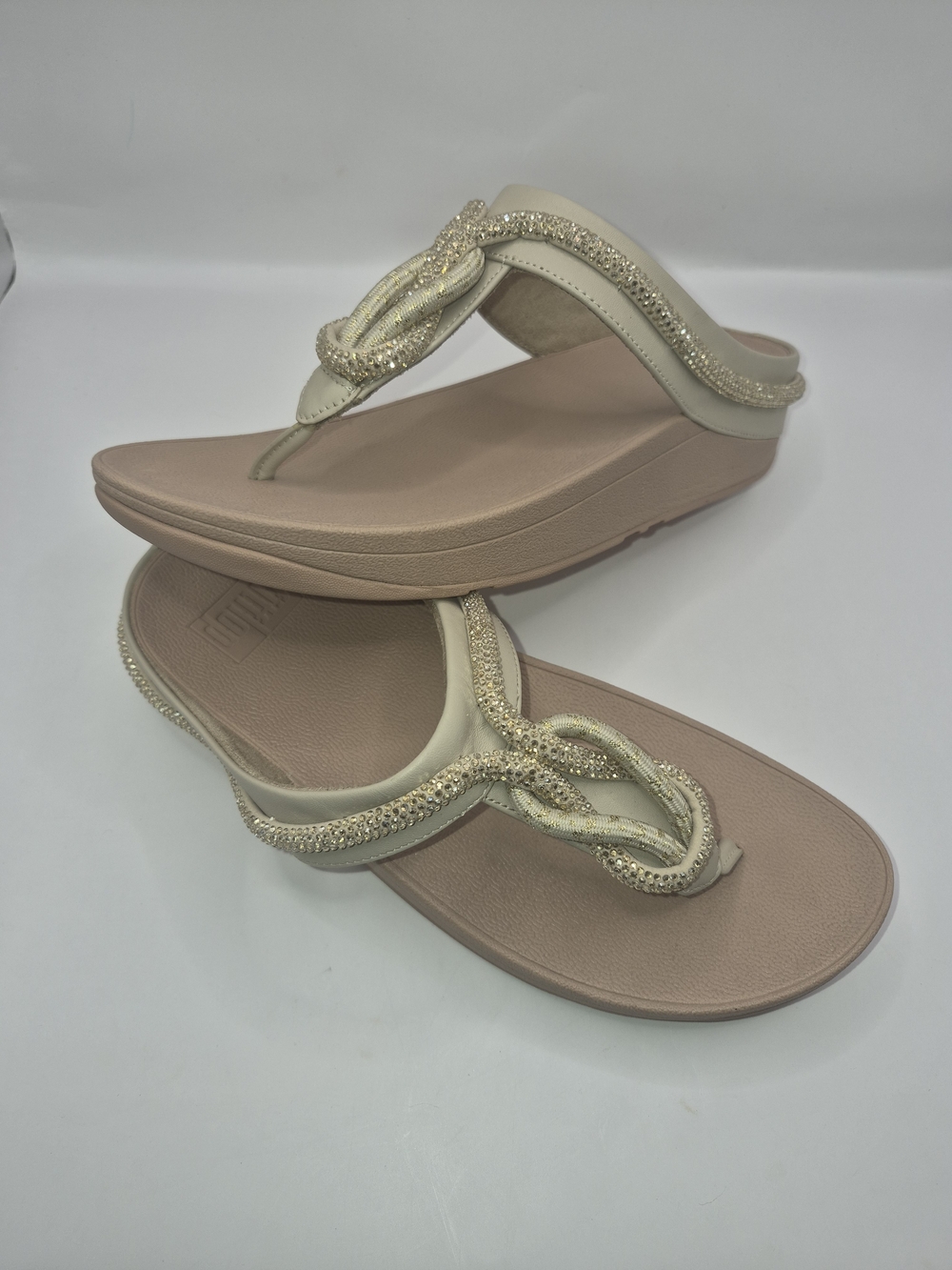 FitFlop FINO Crystal-Cord Leather Toe-Post Sandals Stone Beige Sz 8.5